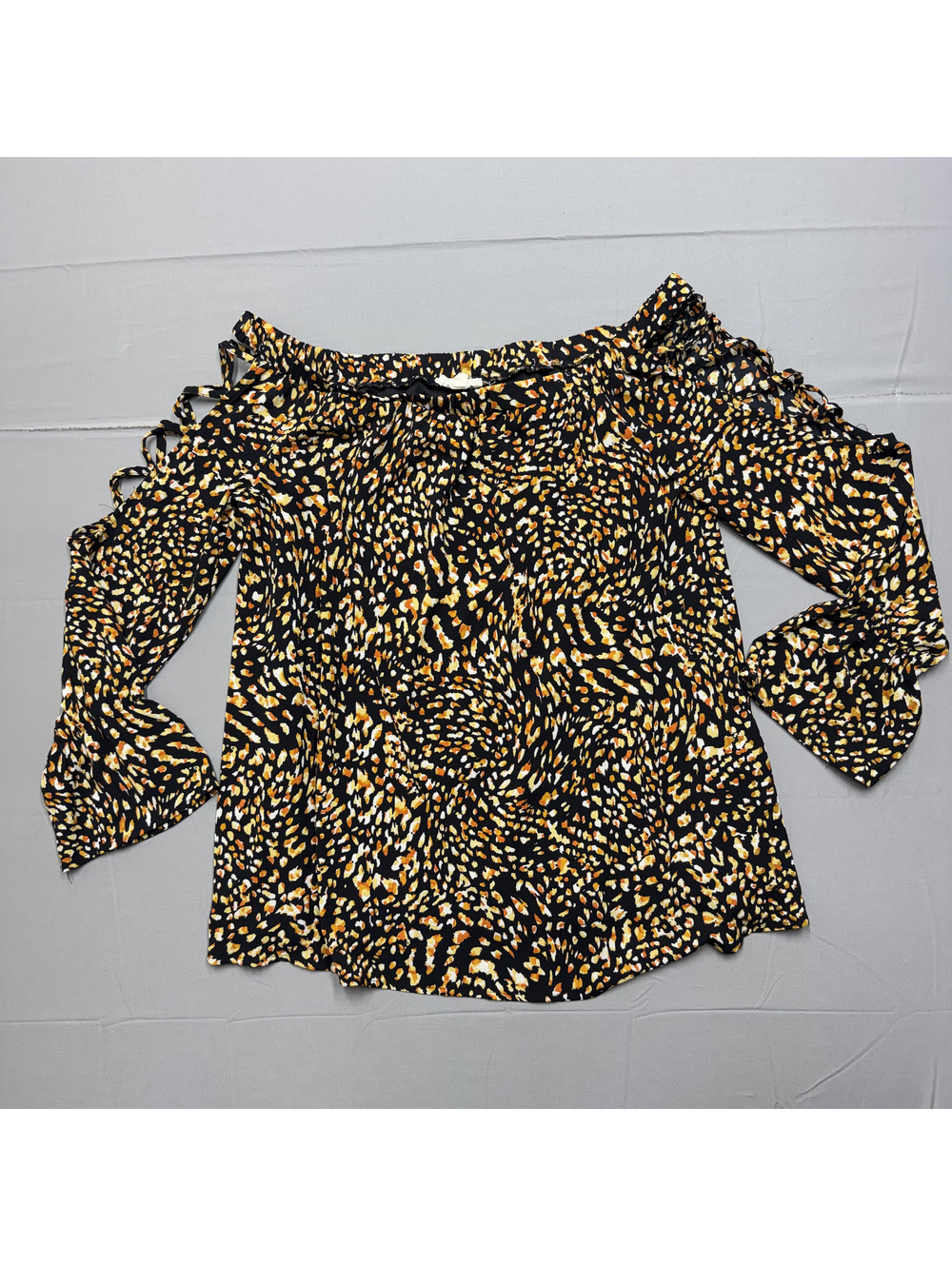 Entro Womens Cold Shoulder Blouse Polyester Animal Print L Black Orange Boho